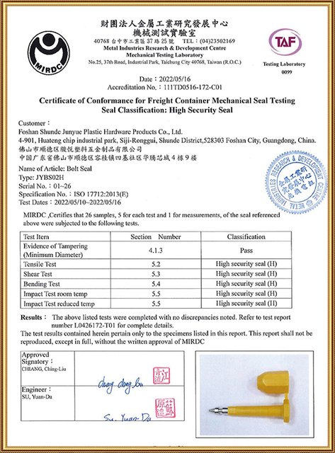Freight Container Seal Test Certificate